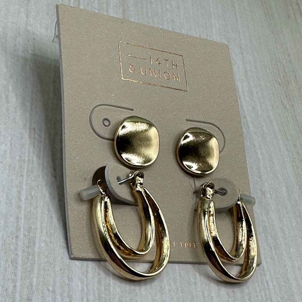 NWT 14th & Union Goldtone Set of 2 Pair Earrings